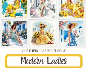 Modern Ladies Clipart , Elegant Women Fashion Illustration, Summer Floral , Commercial Use, 14 PNG Bundle