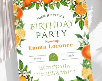 Orange Citrus Birthday Invitation Template, Watercolor Blossom Party Invite, Editable Fruit Bday Invitation, Printable Summer Citrus  Invite