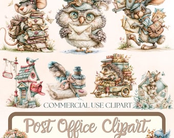 Vintage Mail Animals Clipart, Watercolor Post Office Animals, Commercial Use PNG (Digital Download)