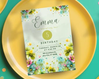 5th Birthday Invitation Girl, Watercolor Floral Party, Garden Celebration, Spring Printable Invite, Kids Birthday Digital Template