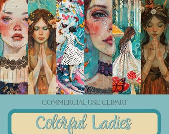 Artistic Mixed Media Ladies Clipart, Whimsical Portraits, PNG Bundle (Digital Download)