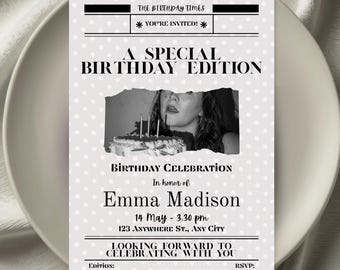 Newspaper Birthday Invitation Template, Editable Invite, Modern Photo Party Invite, Printable Digital Download