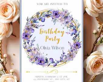 Purple Floral Birthday Invite Template, Watercolor Gold Wreath Invite, Elegant Lavender Birthday Party Invite, Editable Invitation for Women