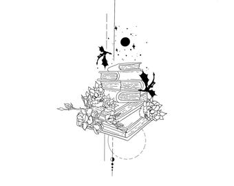 Diseño de tatuaje de pila de libros con dragón floral (descarga digital)