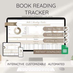 以下が含まれることがあります： コンピューターモニターには「Book Reading Tracker」スプレッドシートが表示されています。画面にはデータの視覚化、メインログ、テキスト「All-in-One」、「Easy to Edit」、「Lifetime Access」が表示されています。タブレットと携帯電話にも同じスプレッドシートが表示されています。