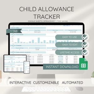 Puede incluir: Un monitor de ordenador que muestra una hoja de cálculo de seguimiento de la asignación infantil. La pantalla muestra campos de datos, gráficos y el texto "Child Allowance Tracker". Dispositivos adicionales muestran la misma hoja de cálculo. El diseño incluye el texto "Easy to Use", "Easy to Edit" y "Lifetime Access".