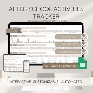 May include: A computer monitor displaying an "After School Activities Tracker" spreadsheet. The spreadsheet includes sections for info, cost insight, summary, and activities. Text on the screen includes "Easy to Use", "Easy to Edit", and "Lifetime Access".