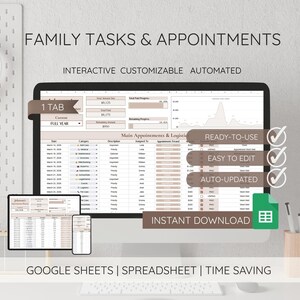 May include: A computer screen showing a spreadsheet labelled "Family Tasks & Appointments." The spreadsheet is interactive, customisable, and automated. A tablet and phone display the same spreadsheet. Text includes "Ready-to-use," "Easy to edit," and "Auto-updated."