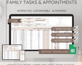 Planilha de controle de compromissos familiares, Planilha do Google, Gerenciador de tarefas, Registro, Organizador doméstico, Planilha de agenda compartilhada, Planejador familiar automatizado