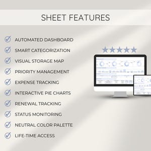 May include: Image showcasing a computer screen and tablet displaying a spreadsheet with data visualizations. The text "SHEET FEATURES" is at the top, with bullet points listing features like "Automated Dashboard" and "Interactive Pie Charts."