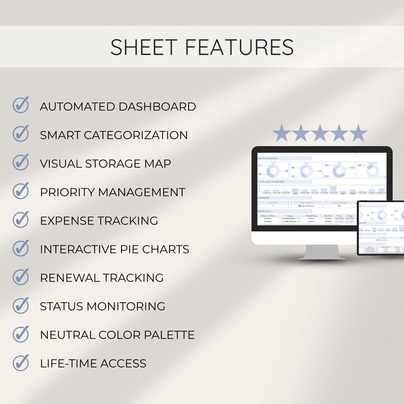May include: Image showcasing a computer screen and tablet displaying a spreadsheet with data visualizations. The text "SHEET FEATURES" is at the top, with bullet points listing features like "Automated Dashboard" and "Interactive Pie Charts."