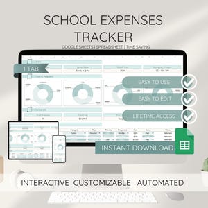 Könnte beinhalten: Ein Tabellenkalkulations-Tracker für Schulkosten wird auf einem Computermonitor, Tablet und Smartphone angezeigt. Die Tabelle mit der Bezeichnung "School Expenses Tracker" enthält Abschnitte für visuelle Einblicke, Zusammenfassungen und Ausgabendetails. Der Text "Easy to Use", "Easy to Edit", "Lifetime Access" und "Instant Download" ist ebenfalls sichtbar.