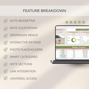May include: A laptop screen displaying a budget tracker spreadsheet with a green and white color scheme. The text "FEATURE BREAKDOWN" is at the top, with features like "AUTO-BUDGETING" and "DATE COUNTDOWN" listed below. A photo of a beach is visible.