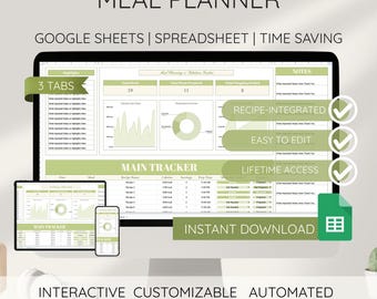 Planilha do Google Sheets para planejamento de refeições, lista de compras, controle de calorias, cardápio, modelo digital, receitas, ingredientes, orçamento e fácil de usar.