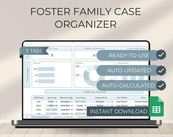 Planilha do Google Sheets para Organizar o Caso da Família Acolhedora, Incluindo Informações sobre a Criança, Acompanhamento dos Cuidados, Registro de Acolhimento Infantil e Planejador de Progresso do Bem-Estar do Caso.