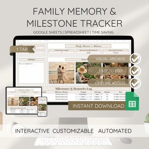 May include: A computer monitor displays a digital family memory and milestone tracker. The screen shows a spreadsheet with sections for photos, highlights, and a milestones log. The text includes "Visual Archive," "Easy to Edit," and "Lifetime Access."