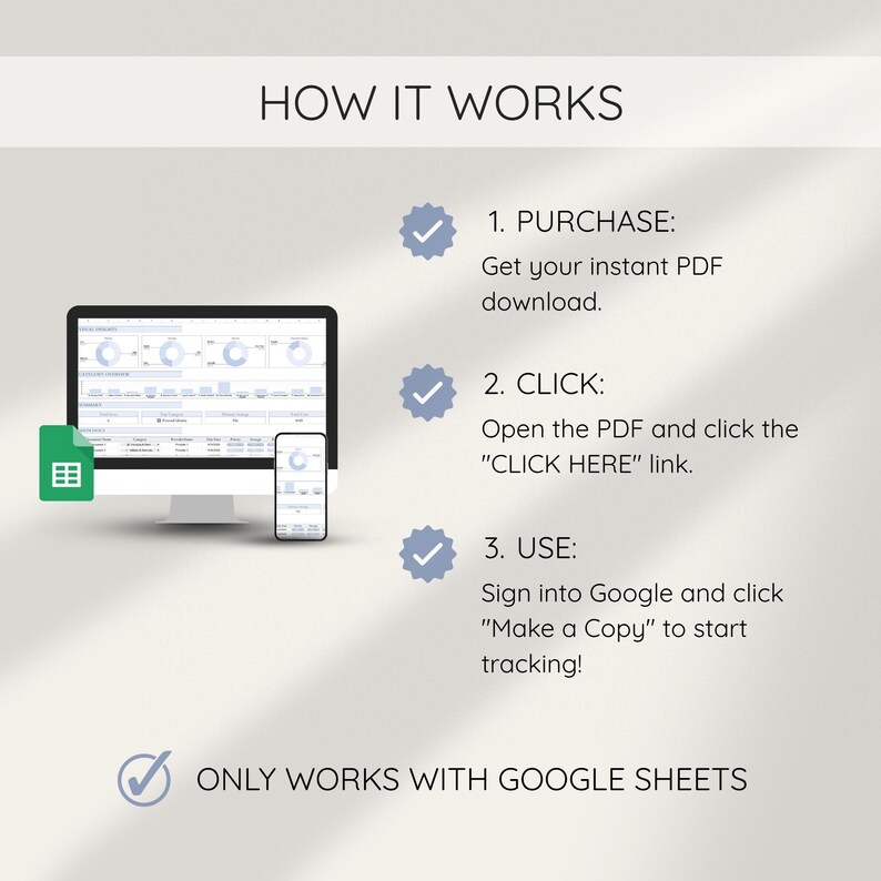 May include: Image showing the steps to use a digital product. A computer monitor and smartphone display a spreadsheet. Text reads: "HOW IT WORKS", "1. PURCHASE", "2. CLICK", "3. USE", and "ONLY WORKS WITH GOOGLE SHEETS".