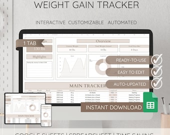Planilha de controle de ganho de peso no Google Sheets para uso diário, registro de ingestão de calorias e proteínas, planilha automatizada, diário de progresso de saúde.