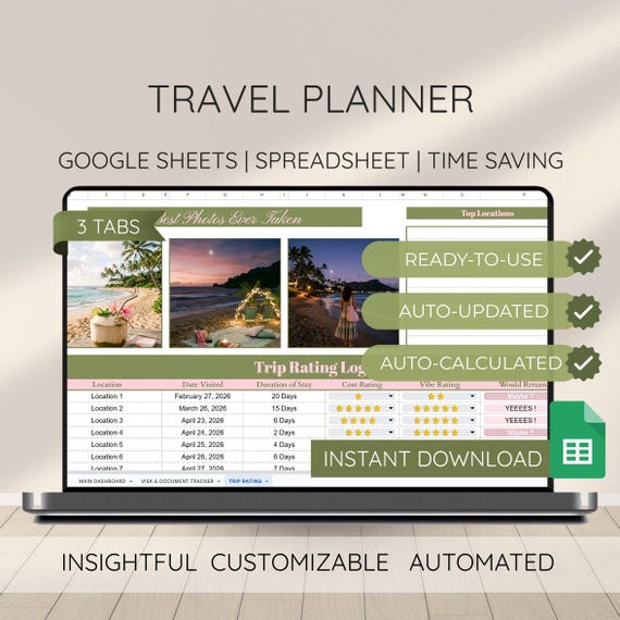 Travel Itinerary Planner Google Sheets Holiday Spreadsheet Vacation Budget Tracker Trip Travel Digital Journal Document Visa Manager