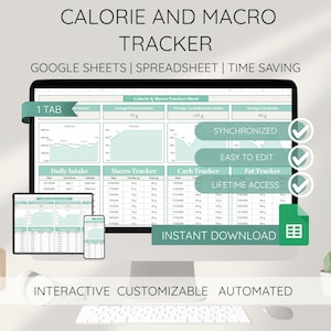 May include: A computer monitor shows a calorie and macro tracker spreadsheet. The spreadsheet includes sections for daily intake, macro tracker, carb tracker, and fat tracker. Text on the screen includes "Synchronized", "Easy to Edit", and "Lifetime Access".