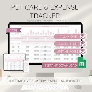 Spårning av husdjursvård Google Sheets Kalkylblad Husdjurshälsologg Hanterare av veterinärjournaler Automatiserad budgetmall för husdjur Mall för hund- och kattvårdsprodukter