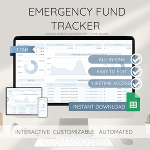 May include: A computer screen showing an "Emergency Fund Tracker" spreadsheet with financial data and charts. The text "All-in-One", "Easy to Edit", and "Lifetime Access" are visible. A tablet and phone display the same spreadsheet.