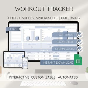 May include: A computer monitor displaying a workout tracker template. The screen shows charts, graphs, and data fields. Text on the screen includes "Workout Tracker," "Google Sheets," and "Instant Download." The design is in shades of blue and white.