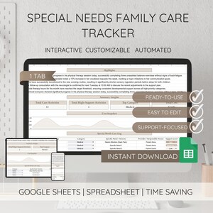 Op de afbeelding: Een digitale tracker voor gezinszorg voor speciale behoeften, weergegeven op een computermonitor, tablet en smartphone. De tracker is interactief, aanpasbaar en geautomatiseerd, met secties voor zorgactiviteiten, ondersteuning en medische behoeften. Tekst bevat "Direct downloaden".