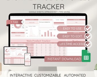 Digital Product Sales Tracker Google Sheets Spreadsheet Online Shop Revenue Log Automated Sales Manager Template Business Profit Tracking