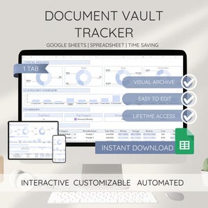May include: A computer monitor displaying a "Document Vault Tracker" spreadsheet template. The screen shows data visualizations, charts, and the text "Visual Insights," "Easy to Edit," and "Lifetime Access." A tablet and smartphone are also visible.