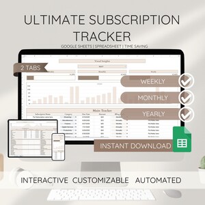 May include: A computer monitor displays a spreadsheet titled "ULTIMATE SUBSCRIPTION TRACKER." The spreadsheet is designed for Google Sheets and offers time-saving features. The design includes sections for weekly, monthly, and yearly tracking, with an "Instant Download" option.