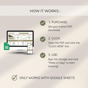 May include: A digital graphic showing a computer monitor and smartphone displaying a budget tracker. Text explains the process: purchase, click a link, and use with Google Sheets. The image includes a green Google Sheets icon.
