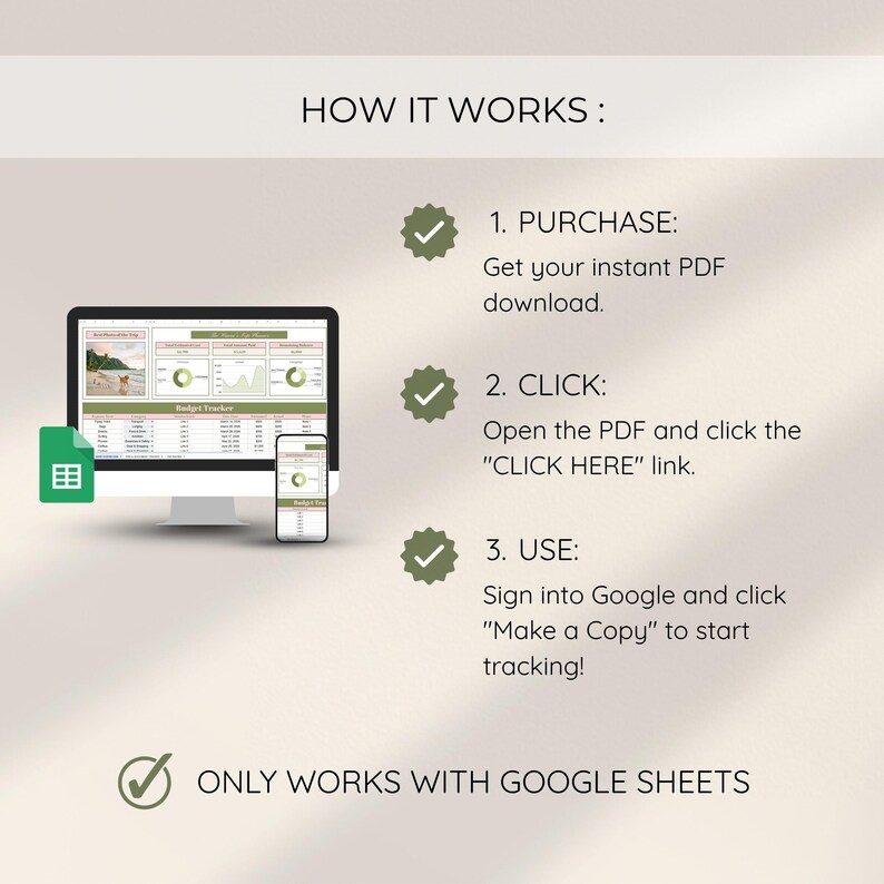 May include: A digital graphic showing a computer monitor and smartphone displaying a budget tracker. Text explains the process: purchase, click a link, and use with Google Sheets. The image includes a green Google Sheets icon.