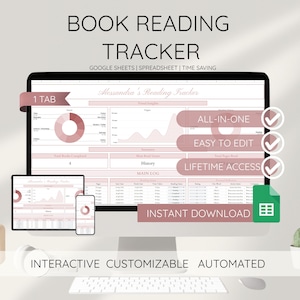 Puede incluir: Un monitor de computadora que muestra una hoja de cálculo de seguimiento de lectura de libros en rosa y blanco. El texto en la pantalla incluye "Book Reading Tracker", "All-in-One", "Easy to Edit" y "Lifetime Access". Una tableta y un teléfono muestran la misma interfaz.