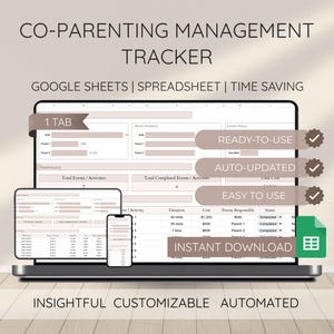 May include: A digital co-parenting management tracker displayed on a laptop, tablet, and phone. The spreadsheet is labeled "Co-Parenting Management Tracker" and includes features like "Ready-to-Use" and "Instant Download."