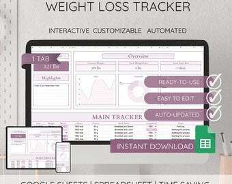 Planilha de controle de perda de peso no Google Sheets para uso diário, registro de ingestão de calorias e proteínas, planilha automatizada, diário de progresso de saúde.