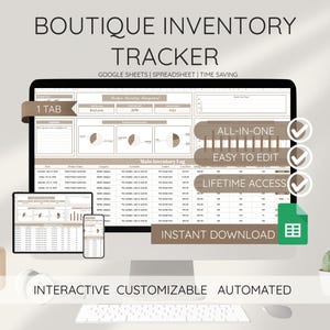 May include: A computer screen displays a "Boutique Inventory Tracker" spreadsheet. The screen shows data tables, charts, and the text "All-in-One", "Easy to Edit", "Lifetime Access", and "Instant Download". A tablet and phone show the same spreadsheet.