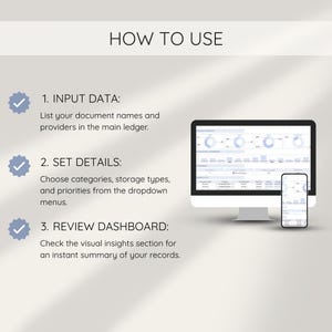 May include: A computer monitor and smartphone displaying a financial dashboard. The image includes the text "HOW TO USE" and numbered steps: "INPUT DATA", "SET DETAILS", and "REVIEW DASHBOARD". The steps describe how to use the software.