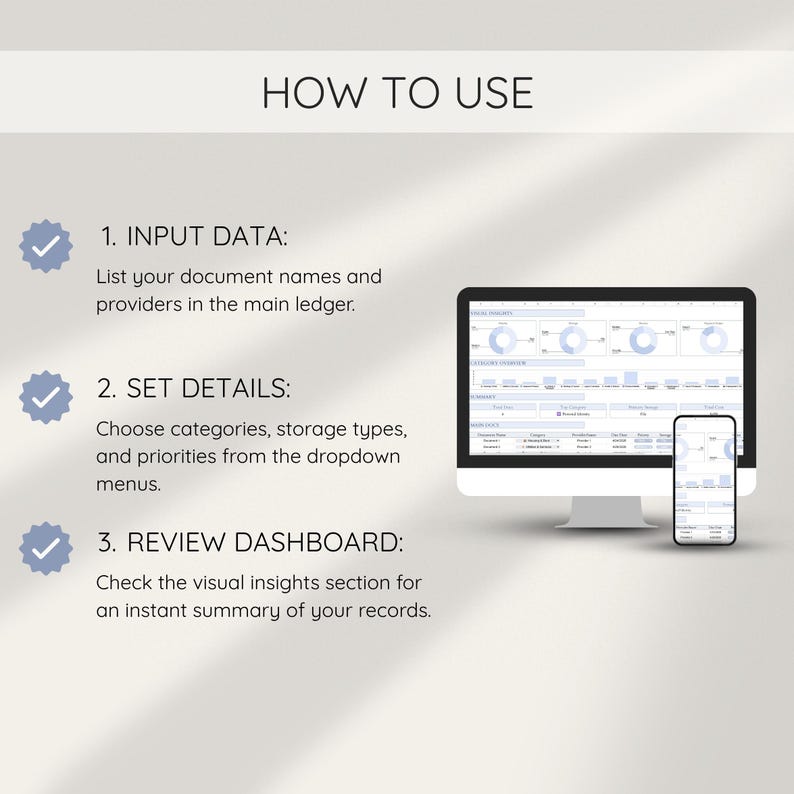 May include: A computer monitor and smartphone displaying a financial dashboard. The image includes the text "HOW TO USE" and numbered steps: "INPUT DATA", "SET DETAILS", and "REVIEW DASHBOARD". The steps describe how to use the software.