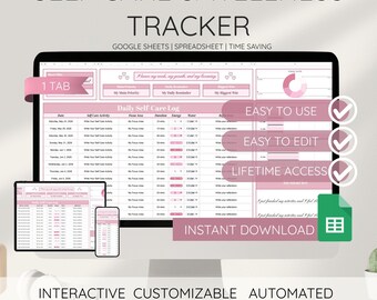 Self Care Tracker Google Sheets Spreadsheet Daily Wellness Log Focus Area Planner Automated Routine Checklist Self Care Activity Sheet
