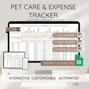 Peut inclure: Un écran d'ordinateur, une tablette et un smartphone affichent une feuille de calcul de suivi des dépenses et des soins pour animaux de compagnie. L'écran affiche des tableaux de données et des graphiques, avec le texte "Pet Care & Expense Tracker" en haut. Le texte supplémentaire comprend "All-in-One", "Easy to Edit" et "Lifetime Access".