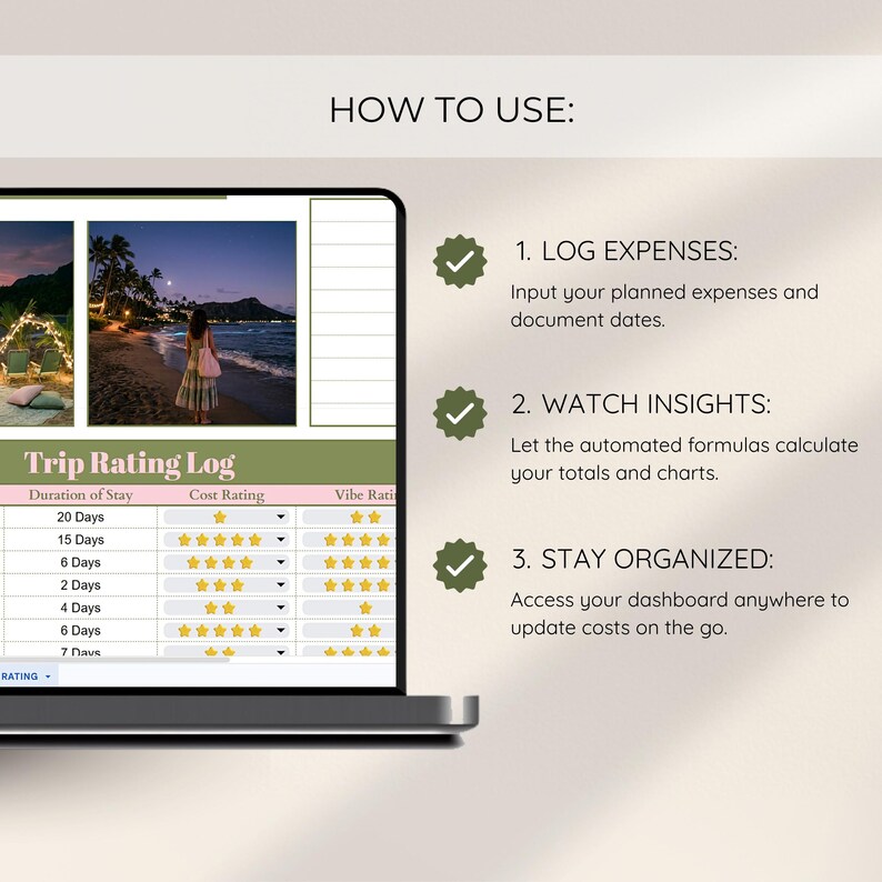 May include: A laptop screen displays a travel planning spreadsheet titled "Trip Rating Log." The screen shows a table with columns for duration, cost, and vibe ratings. Instructions include logging expenses, watching insights, and staying organized.