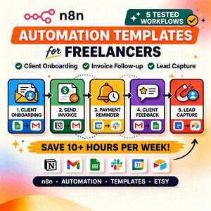 Plantillas de automatización n8n para freelancers / 5 flujos de trabajo probados / Incorporación de clientes, seguimiento de facturas, captura de clientes potenciales