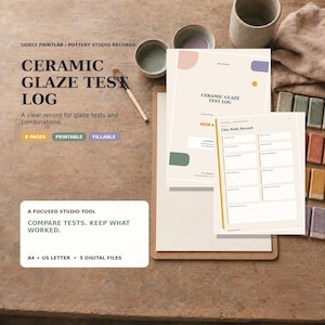 Peut inclure: Un ensemble de documents de journal de test d'émail céramique comprenant des pages imprimées avec des sections pour les enregistrements de corps d'argile, l'application d'émail et les notes de cuisson, avec du texte et des formes géométriques.