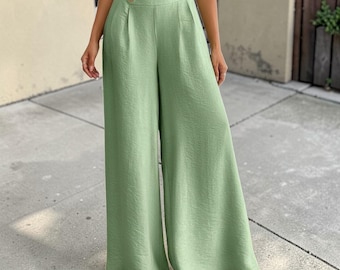 Pantalon large femme : pantalon fluide taille haute, coupe élégante et décontractée
