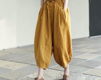 Cotton Ankle Length Harem Pants Women: Elastic Waist Festiva Vacation Casual Trousers