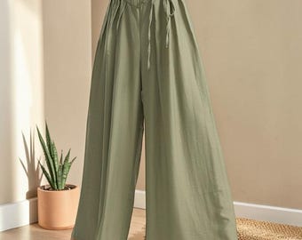 Flowy Wide Leg Pants Women: High Waist Drawstring Smart Casual Vacation Trousers