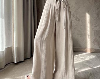 High Waist Elegant Wide Leg Pants: Tie Front Flowy Smart Casual Summer Trousers