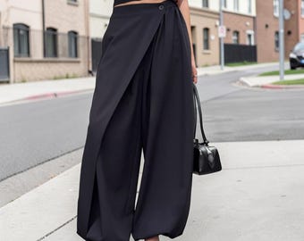 Wide Leg Wrap Trousers: High Waist Elegant Draped Pants Minimalist Style