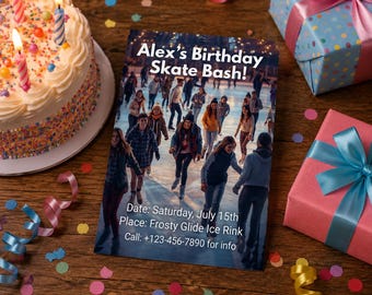アイススケート誕生日招待状テンプレート｜氷上誕生日パーティー招待状｜編集可能な冬の誕生日招待状｜アイスリンクパーティー招待状